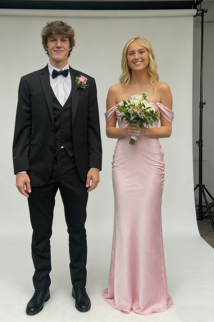 Blush Satin Off the Shoulder Mermaid Gown - Prom Dress for Graduation, PD4145