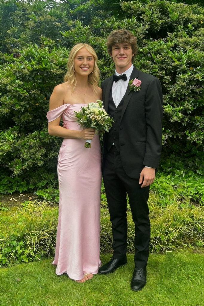 Blush Satin Off the Shoulder Mermaid Gown - Prom Dress for Graduation, PD4145