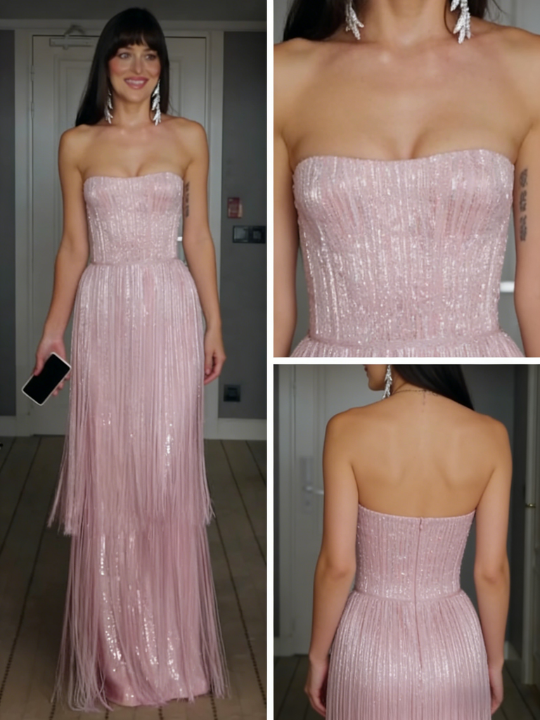 Blush Fringe Sequin Prom Dress | Strapless Red Carpet Style Evening Gown, PD4147
