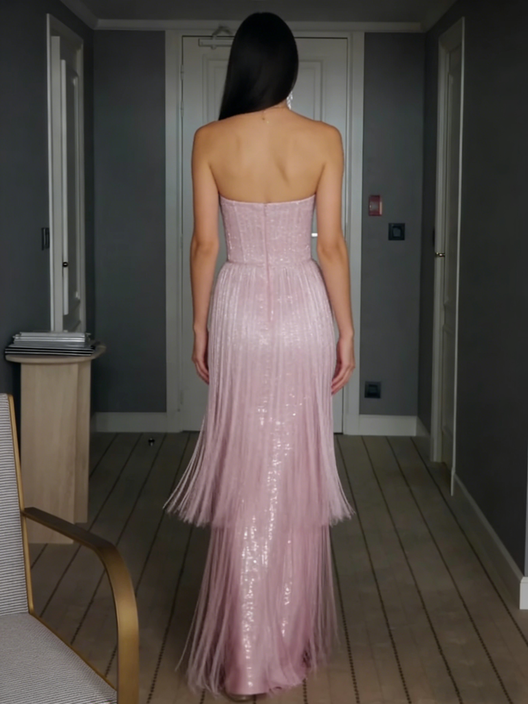 Blush Fringe Sequin Prom Dress | Strapless Red Carpet Style Evening Gown, PD4147