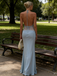 Light Blue Halter Neck Lace Sheer Evening Gown with Open Back and Button Detail, PD4149