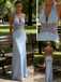Light Blue Halter Neck Lace Sheer Evening Gown with Open Back and Button Detail, PD4149