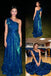 Teal One Shoulder A-Line Evening Gown with Shimmering Fabric, PD4150