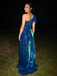 Teal One Shoulder A-Line Evening Gown with Shimmering Fabric, PD4150
