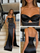 Black Satin Spaghetti Strap Evening Gown with Rhinestone Trim and High Slit, PD4151