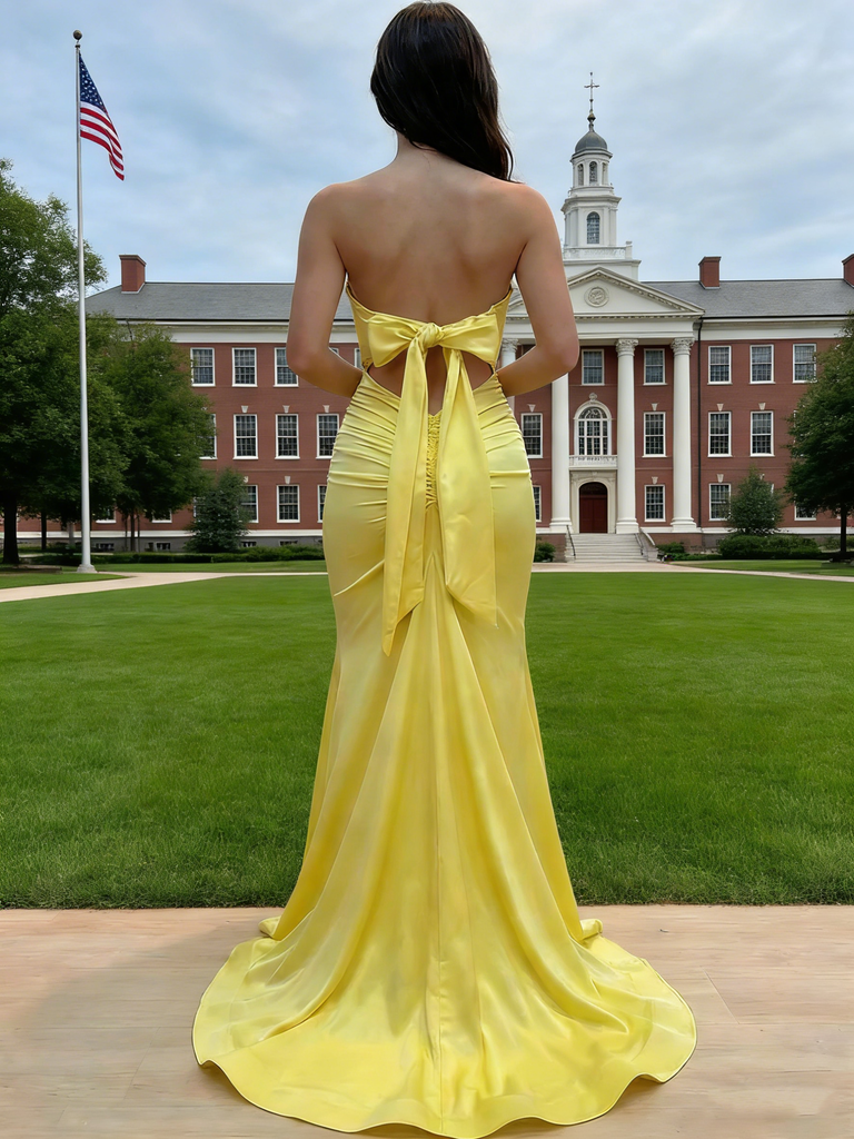 Yellow Strapless Side Slit Mermaid Ruffle Tiered Ball Gown for Prom & Formal Events, PD4154
