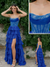Royal Blue Strapless Beaded Tiered Ruffle Gown with High Slit for Prom & Formal Events, PD4153