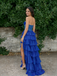 Royal Blue Strapless Beaded Tiered Ruffle Gown with High Slit for Prom & Formal Events, PD4153