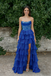 Royal Blue Strapless Beaded Tiered Ruffle Gown with High Slit for Prom & Formal Events, PD4153