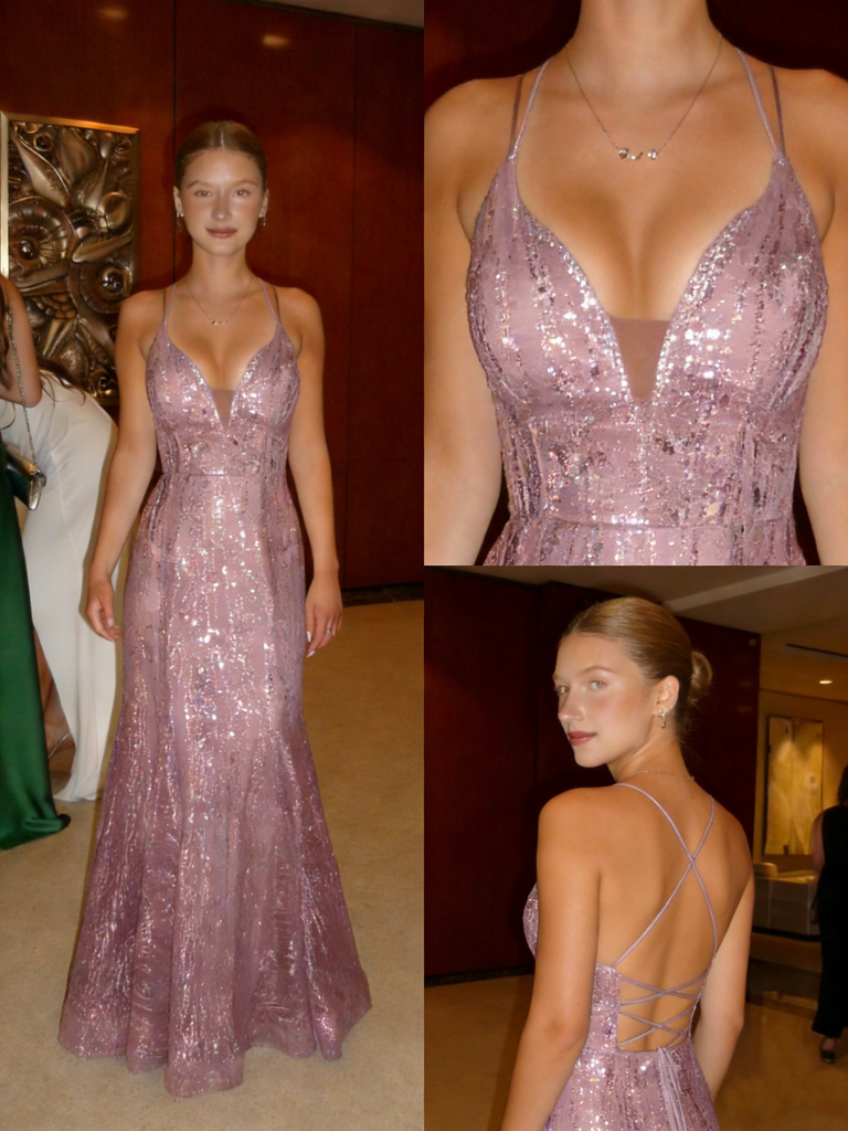 Dusty Pink Sequin Spaghetti Strap Cross Back Formal Gown | Prom & Gala Dress, PD4158