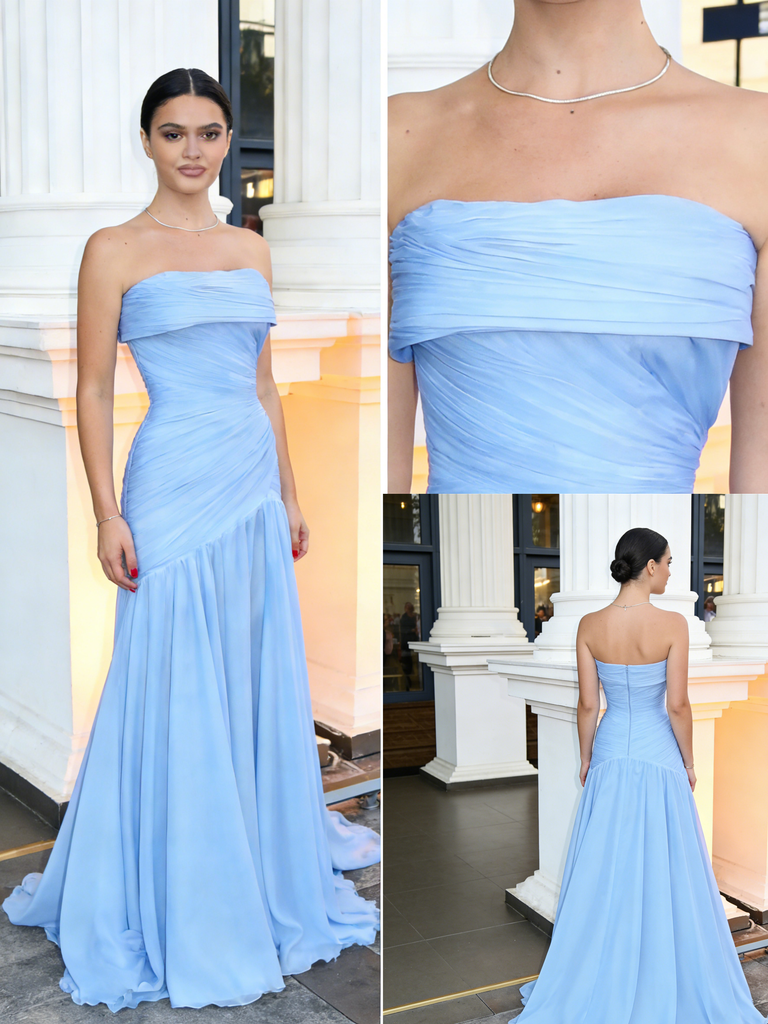 Sky-Blue Strapless Ruched Waist A-Line Formal Gown | Evening & Wedding Dress, PD4156
