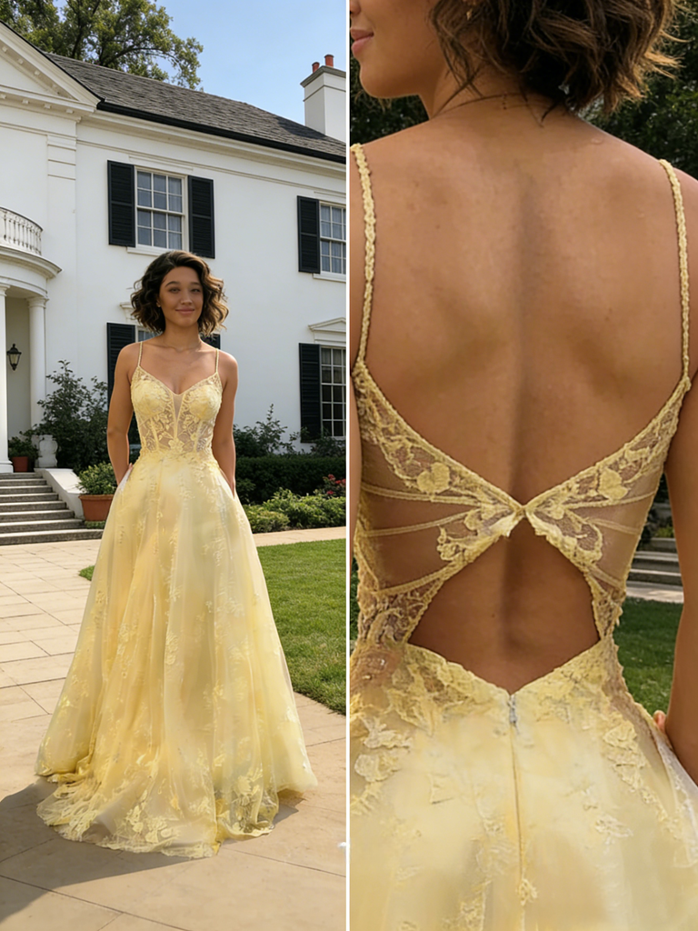 Yellow Lace Spaghetti Strap Backless Prom Dress with Pockets Elegant Formal Evening Gown, PD4160