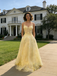Yellow Lace Spaghetti Strap Backless Prom Dress with Pockets Elegant Formal Evening Gown, PD4160