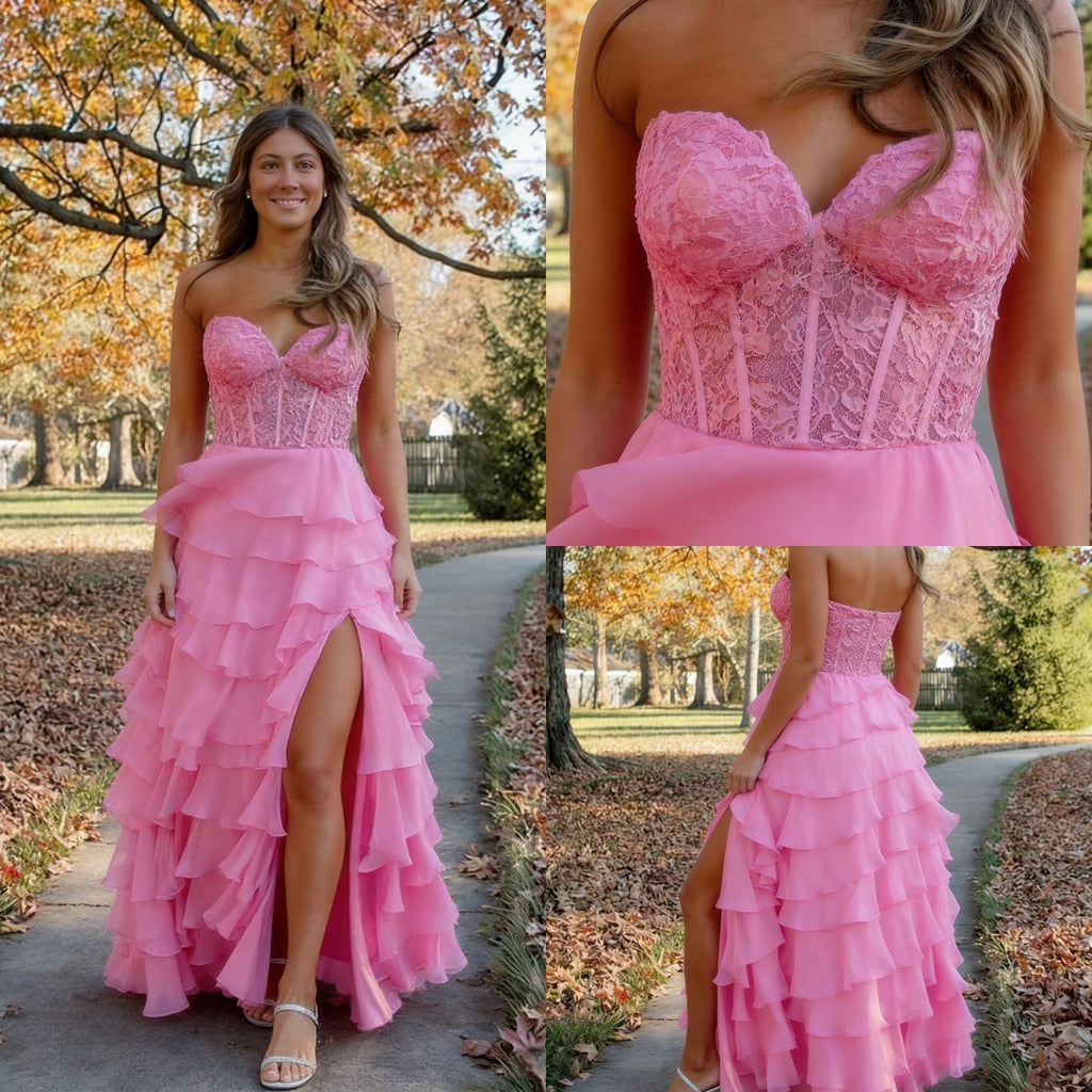 Pink Strapless Ruffled A-Line Prom Dress with High Slit - Tiered Chiffon Formal Evening Gown, PD4161