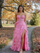 Pink Strapless Ruffled A-Line Prom Dress with High Slit - Tiered Chiffon Formal Evening Gown, PD4161