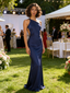 Navy-Blue Satin One Shoulder Backless Mermaid Prom Dress Sexy Formal Evening Gown, PD4162