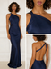 Navy-Blue Satin One Shoulder Backless Mermaid Prom Dress Sexy Formal Evening Gown, PD4162