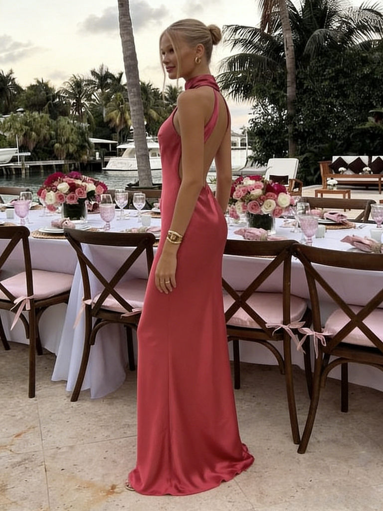 Coral Halter Backless Satin Mermaid Prom Dress - Elegant Formal Evening Gown, PD4163