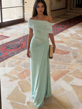 Mint-Green Off Shoulder Ruched Waist Mermaid Maxi Dress - Formal Evening Bridesmaid Gown, PD4166
