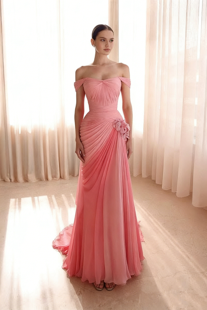Gradient Pink Off Shoulder Pleated Floral Mermaid Prom Dress - Romantic Formal Evening Gown, PD4167