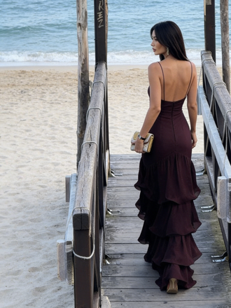 Plum Deep V Spaghetti Strap Tiered Ruffled Backless Maxi Dress – Beach Formal Evening Gown, PD4168