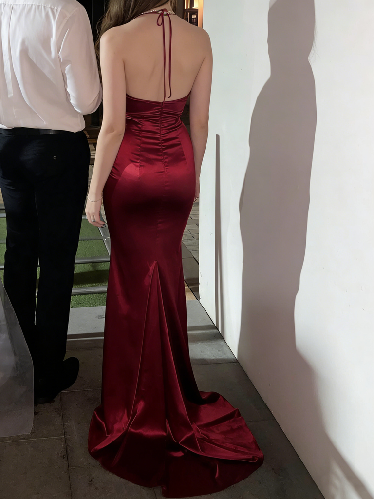 Elegant Burgundy Satin Spaghetti Strap Mermaid Prom Dress Back Tie Formal Evening Gown, PD4169