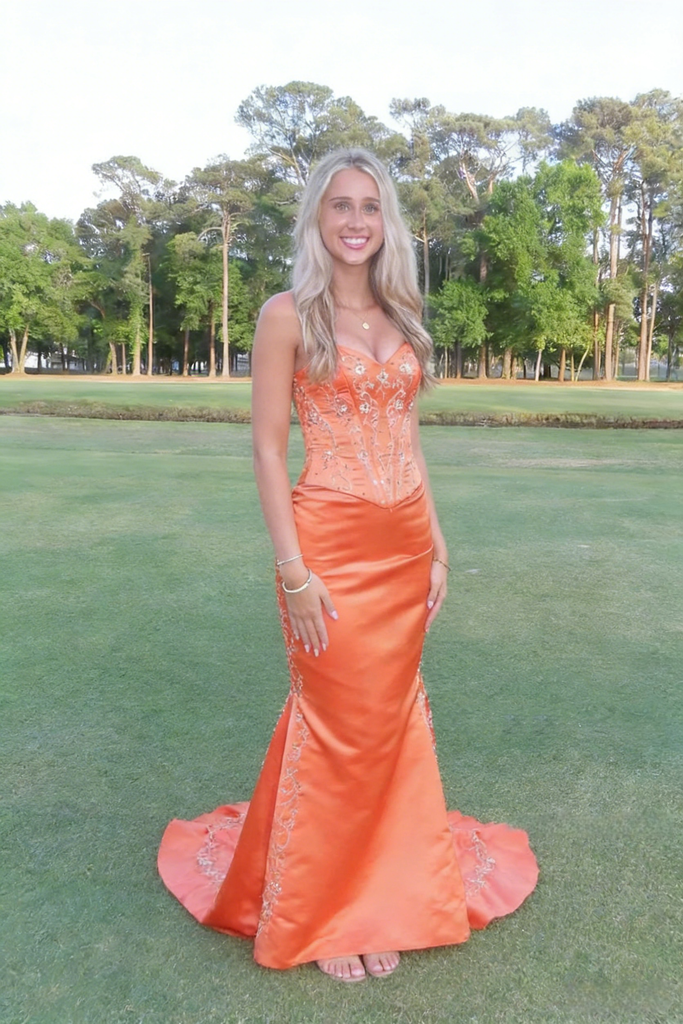 Stunning Orange Soft Satin Sweetheart Embellished Mermaid Prom Dress Corset Back Formal Gown, PD4170