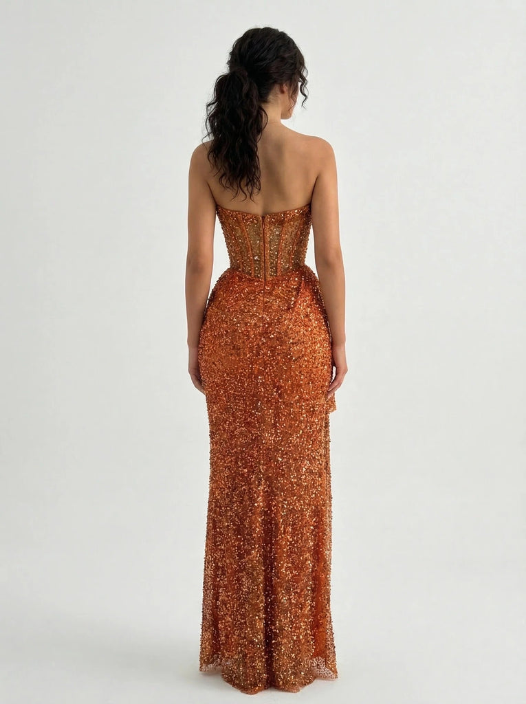 Glam Orange Sequin Off Shoulder High Slit Mermaid Prom Dress Formal Evening Gown, PD4172
