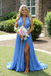 Flowy Sky Blue Halter Pleated Chiffon Dress | High Slit Backless Formal Evening Gown, PD4175