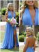 Flowy Sky Blue Halter Pleated Chiffon Dress | High Slit Backless Formal Evening Gown, PD4175