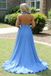 Flowy Sky Blue Halter Pleated Chiffon Dress | High Slit Backless Formal Evening Gown, PD4175