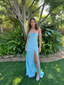 Light Blue Strapless Soft Satin Mermaid Prom Dress with High Slit for Prom & Formal Event, PD4177