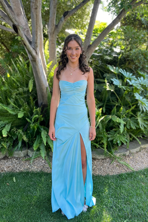 Light Blue Strapless Soft Satin Mermaid Prom Dress with High Slit for Prom & Formal Event, PD4177