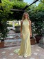 Luxury Champagne Yellow Satin Halter Gown, Backless Floor-Length Prom Dress, PD4178