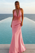 Elegant Pink Soft Satin Sheer Lace Waist Criss Cross Mermaid Maxi Dress for Prom & Formal Event, PD4176