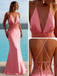 Elegant Pink Soft Satin Sheer Lace Waist Criss Cross Mermaid Maxi Dress for Prom & Formal Event, PD4176