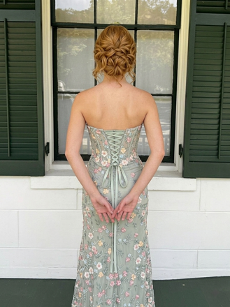 Beautiful Sage Green Floral Embroidered Strapless Corset Mermaid Prom Dress with Slit, PD4180