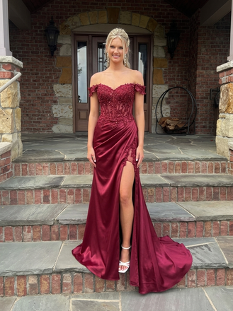 Sexy Burgundy Off-the-Shoulder Satin Side Slit Mermaid Prom Dress with Beaded Lace Corset, PD4181