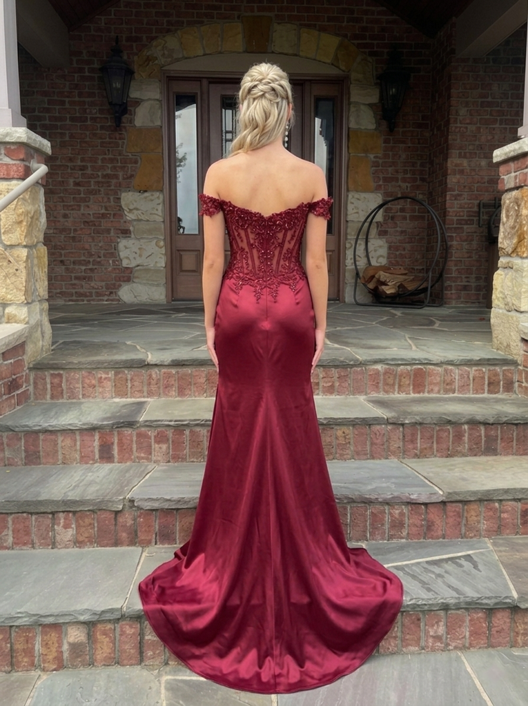 Sexy Burgundy Off-the-Shoulder Satin Side Slit Mermaid Prom Dress with Beaded Lace Corset, PD4181