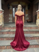 Sexy Burgundy Off-the-Shoulder Satin Side Slit Mermaid Prom Dress with Beaded Lace Corset, PD4181