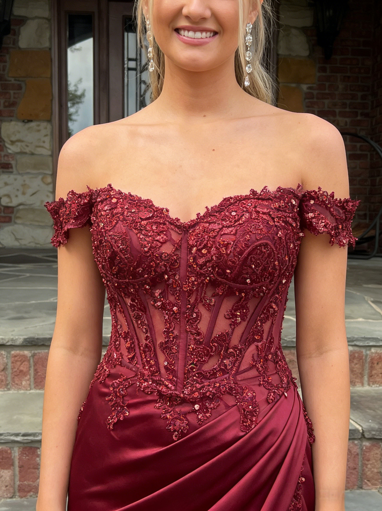 Sexy Burgundy Off-the-Shoulder Satin Side Slit Mermaid Prom Dress with Beaded Lace Corset, PD4181