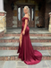Sexy Burgundy Off-the-Shoulder Satin Side Slit Mermaid Prom Dress with Beaded Lace Corset, PD4181