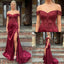 Sexy Burgundy Off-the-Shoulder Satin Side Slit Mermaid Prom Dress with Beaded Lace Corset, PD4181