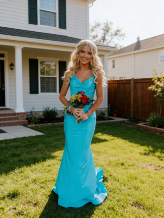 Simple Turquoise Blue Spaghetti Strap V-Neck Mermaid Prom Dress with Train, PD4183