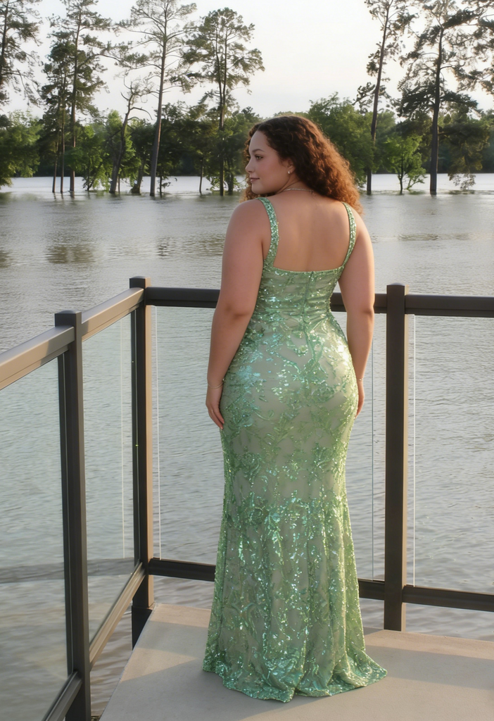 Sexy Mint Green Sequin Floral Embellished Side Slit Mermaid Prom Dress, PD4185