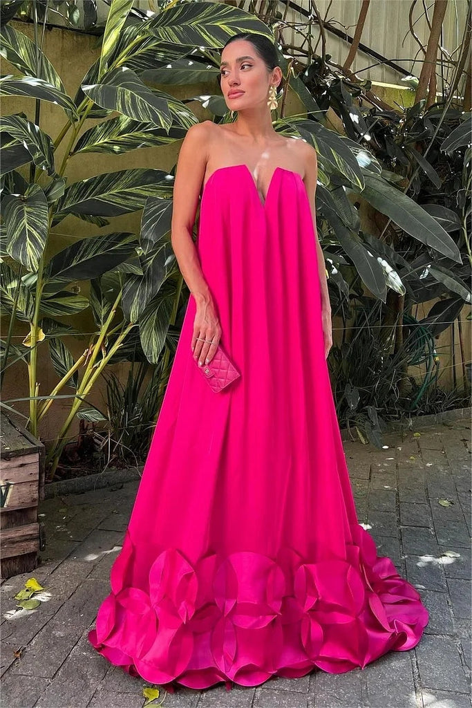 Hot Pink Strapless Flowy A-Line Maxi Dress with 3D Floral Hem for Formal Event, PD4189