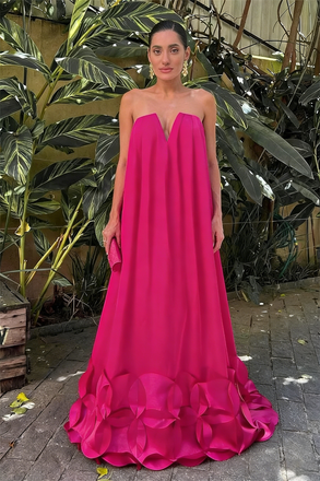Hot Pink Strapless Flowy A-Line Maxi Dress with 3D Floral Hem for Formal Event, PD4189