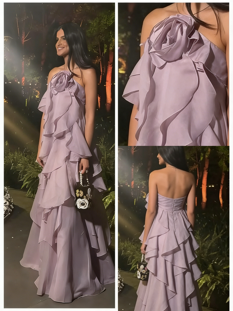 Elegant Lavender Strapless Ruffled Gown with 3D Floral Detail for Formal Events & Prom, PD4190