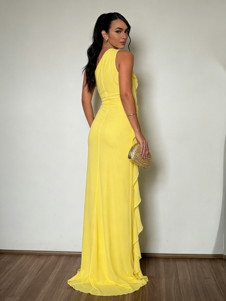 Bright Yellow One Shoulder Ruffled Maxi Dress for Wedding Guest & Evening Parties, PD4191
