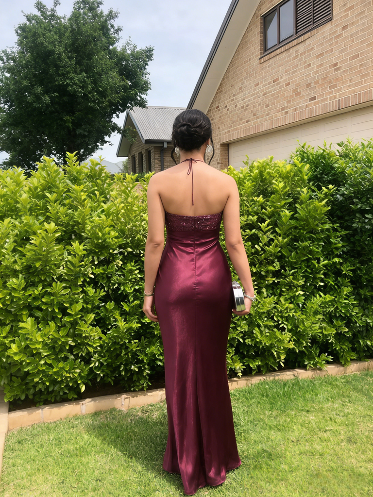 Burgundy Satin Halter Neck Mermaid Gown for Cocktail Parties & Formal Dinners, PD4195